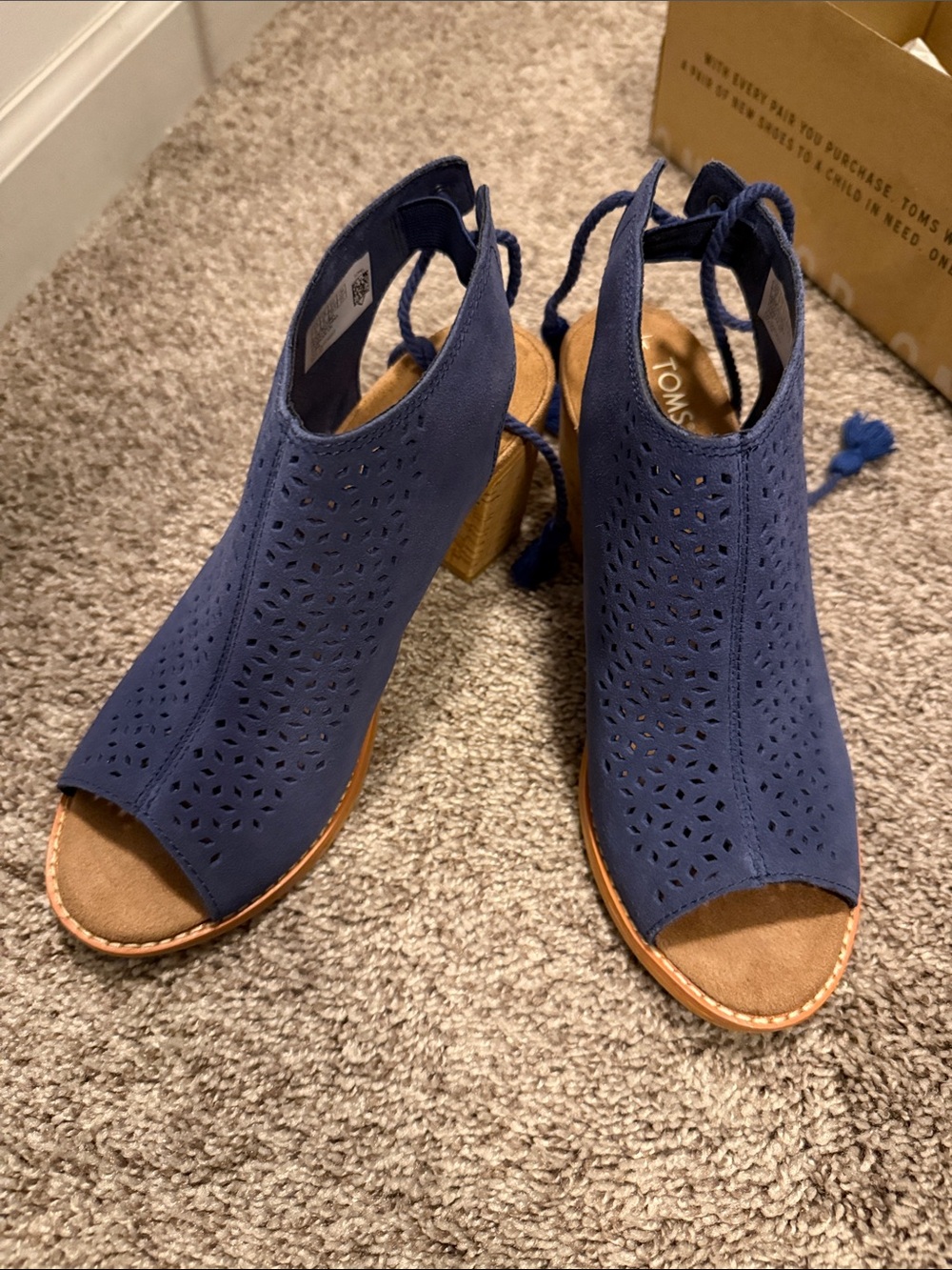 TOMS Navy Laser-Cut Peep-Toe Block Heel Sandals with Ankle Tie